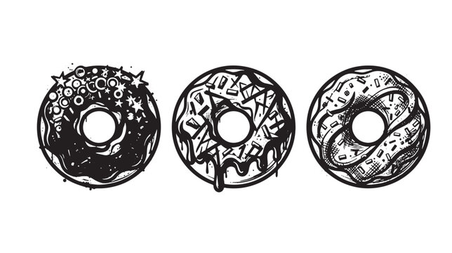 Three graffiti black and white donut with different toppings, ink splatter, and brush stroke textures on a white background