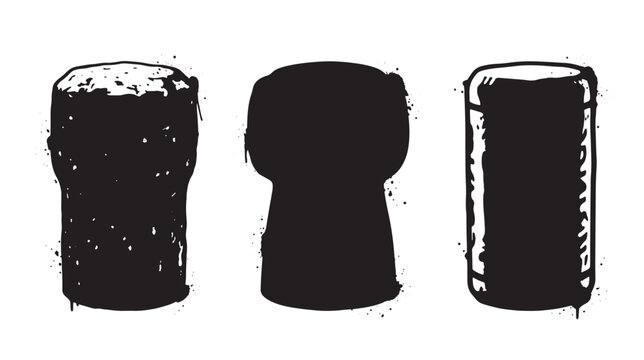 Three graffiti black silhouette of champagne corks with dripping paint and ink splatter textures isolated on a white background, for celebration themes