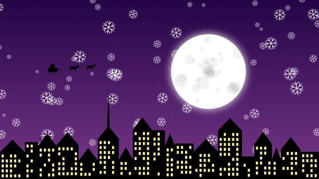 Santa claus sleigh flying over city skyline with falling snow at night