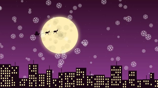 Santa claus sleigh flying over city skyline with full moon and falling snow