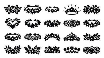 Collection of decorative floral elements, crowns, and tiaras in a black and white silhouette style. © yuanita