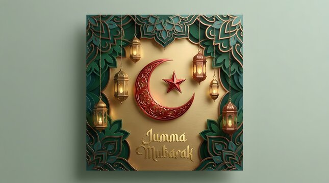 Jumma Mubarak Greeting Card Design with Paper Cut Style, Crescent Moon, Star, and Hanging Lanterns on Green and Gold Mandala Pattern Background