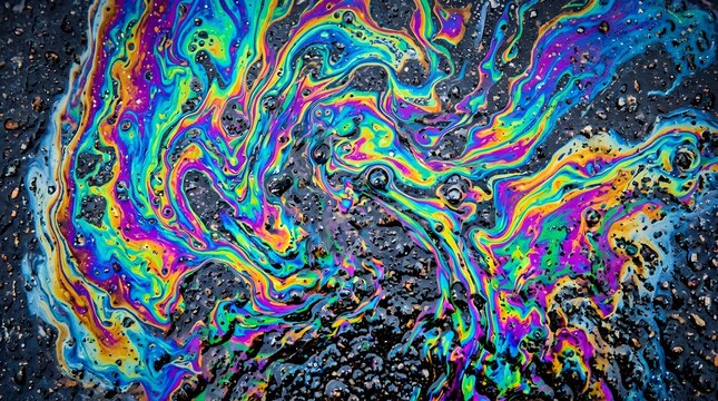 Rainbow oil slick texture on asphalt creating a colorful abstract pattern