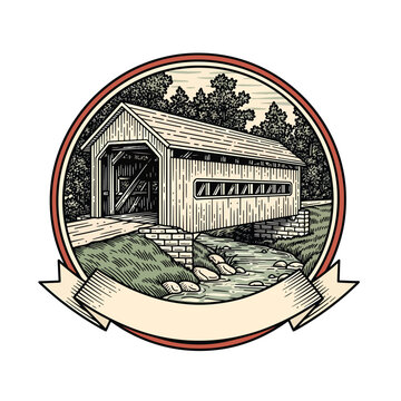 Vintage Hand Drawn Illustration of a Traditional Covered Bridge in a Circular Frame.