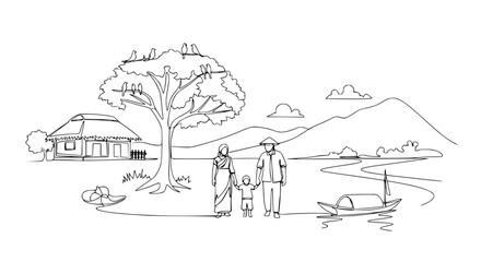 Fototapeta premium Rural Family Scene, Traditional House, Boat on River, Village Life