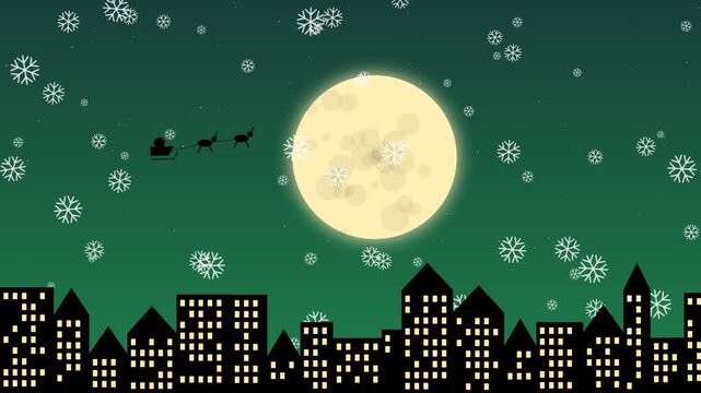 Santa claus sleigh flying over city skyline with full moon and falling snow