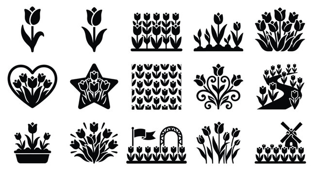 Collection of stylized tulip icons and illustrations in black and white, representing various floral arrangements and designs.