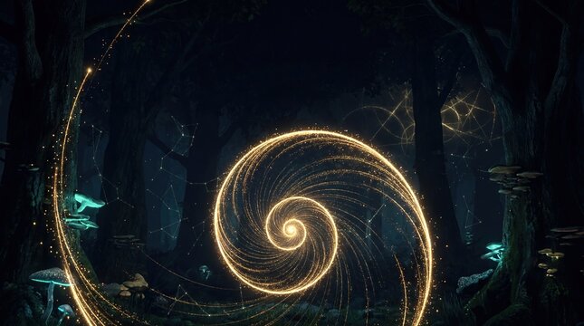glowing fibonacci spiral in a mystical forest with golden ratio design