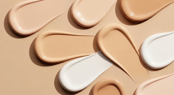 Various shades of liquid foundation makeup smears on a beige background