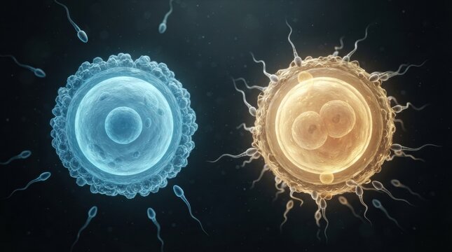 Sperm cells surround both fertilized and unfertilized egg cells in a clear 3D view showcasing reproductive biology.