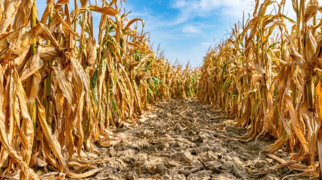 Dry corn field with wilted yellow leaves and cracked soil under blue sky with scattered white clouds during late harvest season in farm landscape