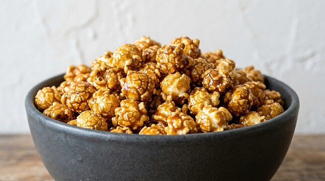 Golden Caramel Popcorn in Dark Bowl on Wooden Surface