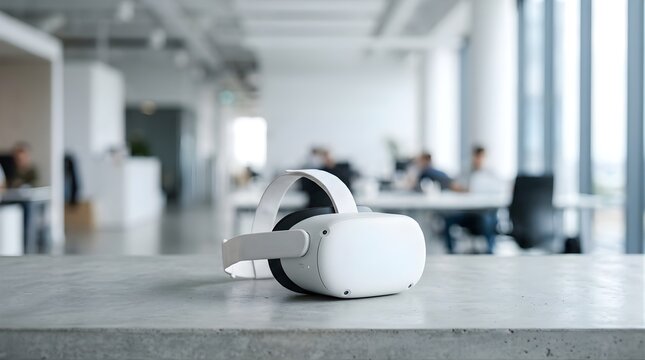 Virtual reality headset on a concrete desk in a modern blurred office