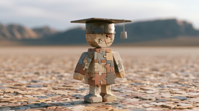 Wooden toy figure made of puzzle pieces wearing graduation cap standing on scattered puzzle pieces in desert with blurred mountain background under cloudy sky