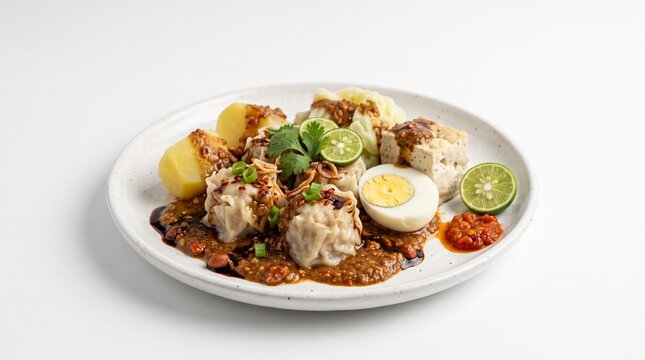 Traditional Indonesian Siomay Bandung Fish Dumplings Served with Rich Peanut Sauce Boiled Egg and Potato on White Plate Professional Food Photography for Restaurant Menu Concept