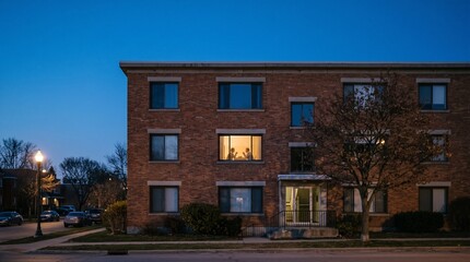 Fototapeta premium Couple having romantic candlelit dinner visible through illuminated apartment window at blue hour dusk