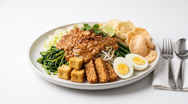 Traditional Indonesian Gado Gado salad with peanut sauce, boiled eggs, fried tofu, tempeh, and crackers on a white plate, bright studio lighting, healthy Asian cuisine concept.