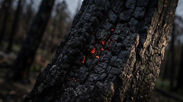 Close up of glowing red embers inside charred burnt tree trunk after destructive forest wildfire disaster