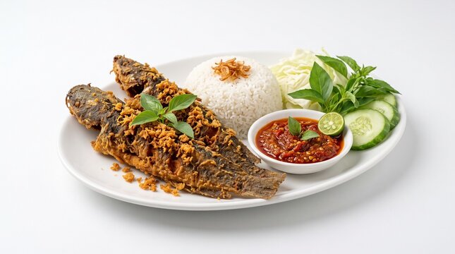Crispy Indonesian Fried Catfish Lele Goreng with Steamed Rice, Spicy Sambal, and Fresh Vegetables on White Background, Traditional Culinary Food Photography, Commercial Quality.