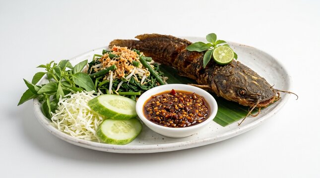 Traditional Indonesian Crispy Deep Fried Catfish Pecel Lele Served with Spicy Sambal and Fresh Vegetables on White Background Professional Culinary Food Photography