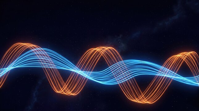 electromagnetic wave propagating through space with glowing blue and orange patterns