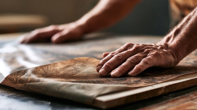 Close-up of hands working on woodblock print with inked surface on wooden table in artisanal workshop with natural light