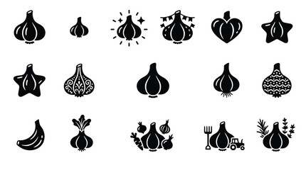 Collection of stylized garlic icons in various shapes and decorative elements, including a banana for comparison. © yuanita