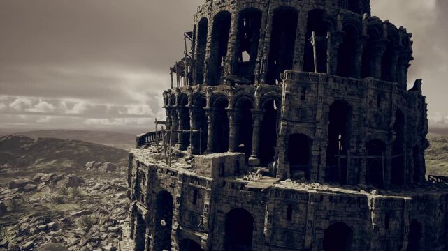 tower midsection showing rows of dark arcades and empty windows, distant cityscape blurred, harsh highcontrast lighting, rugged stone and scattered debris