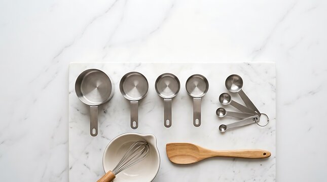 Stainless Steel Measuring Cups Spoons Whisk and Wooden Spoon on Marble Counter