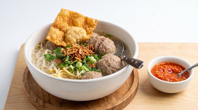Traditional Indonesian Bakso Meatball Soup served in white bowl with noodles, fried wonton, and spicy sambal on wooden board, bright studio lighting, appetizing Asian food menu.