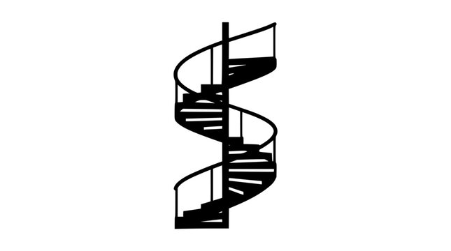 Minimalist black silhouette of a spiral staircase isolated on white background