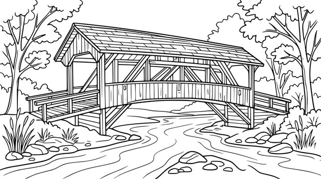 scenic covered bridge over a stream coloring page for kids and adults