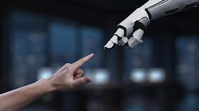 This image portrays a futuristic concept of agile project management featuring a robotic hand interacting with a virtual touchscreen in a modern office setting. Synapse