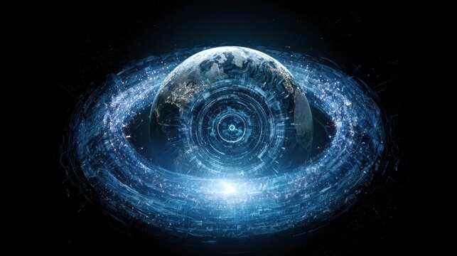 Futuristic digital globe surrounded by glowing circular data ring with technological holographic interface and blue light effect on black background in science concept