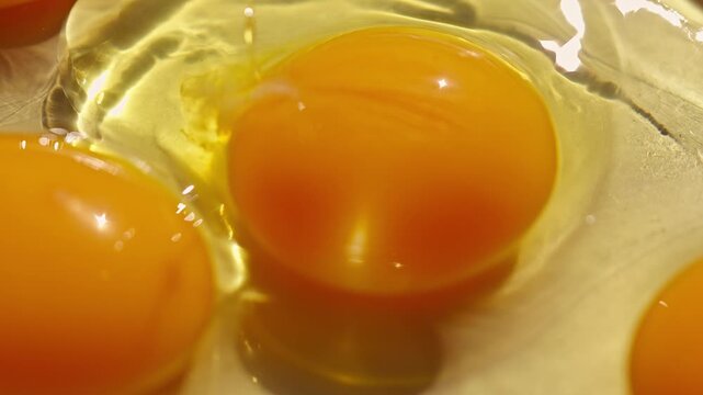 Raw egg yolk dropping into bowl with other eggs macro closeup video footage fresh cracked eggs golden yolk cooking and baking concept. 