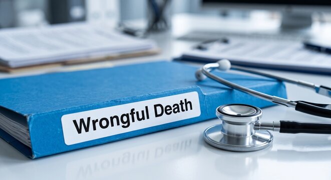 Wrongful Death Legal Medical Folder with Stethoscope Close Up Photorealistic