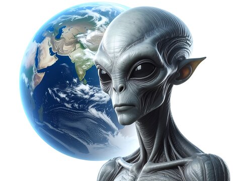 A gray alien stands in front of a realistic blue and green Earth