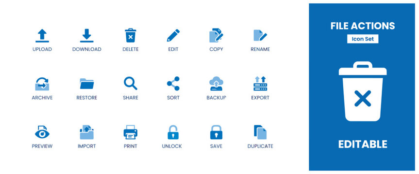 Comprehensive collection of blue file management icons for digital document and data actions