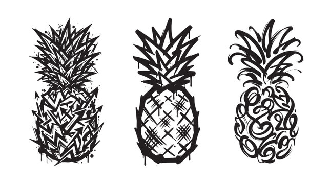 Three artistic pineapple featuring various ink styles, including geometric graffiti patterns and swirling brush strokes on a white background