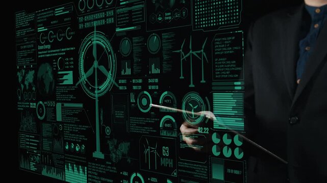 This image showcases a futuristic digital interface filled with green energy data, highlighting wind turbines and performance metrics to promote sustainable solutions. Cipher