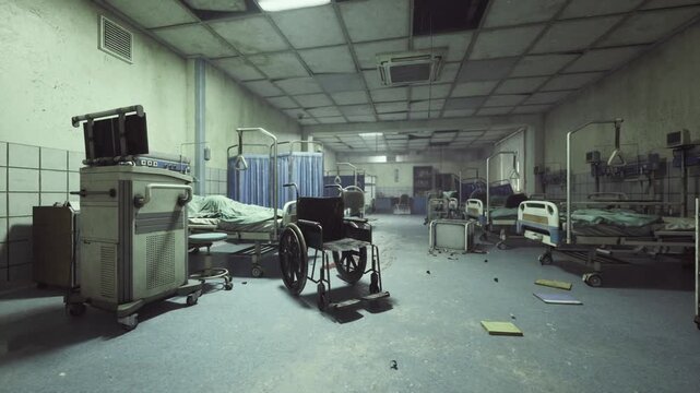 empty emergency room after evacuation, wheelchair rests among idle machines and overturned trays, long tile corridor and blue curtains frame scene of sudden