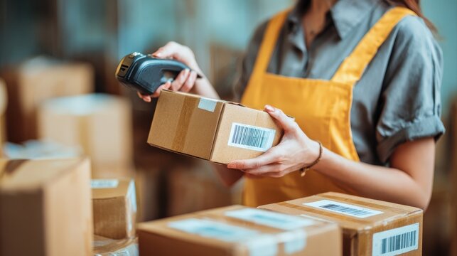 Female seller worker online store holding scanner scanning parcel barcode tag packing ecommerce post shipping box checking online retail store orders in dropshipping delivery service warehouse.