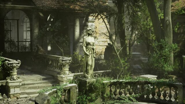 misty courtyard statue at dawn, cool filtered light and thin fog enveloping mossy urns and cracked balustrade creeping ferns, wet stone textures, subtle beams