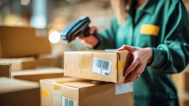 Female seller worker online store holding scanner scanning parcel barcode tag packing ecommerce post shipping box checking online retail store orders in dropshipping delivery service warehouse.