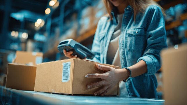 Female seller worker online store holding scanner scanning parcel barcode tag packing ecommerce post shipping box checking online retail store orders in dropshipping delivery service warehouse.