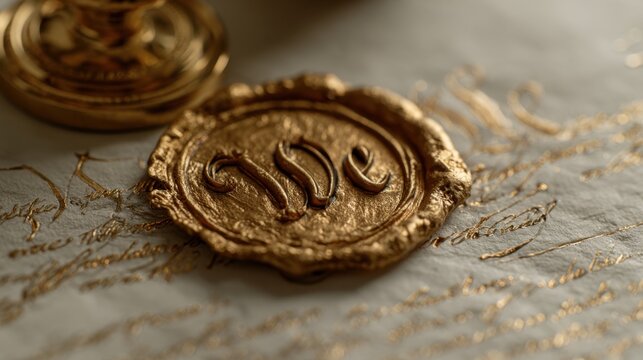Close-up of golden wax seal with intricate letter design on aged parchment paper with cursive handwritten script in warm soft focus light