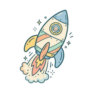 Hand-drawn cartoon rocket ship with astronaut taking off