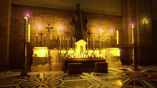 Elegant historical baroque altar with statues and lighting. Intricate ornate church decoration featuring gilded altar and illuminating statues