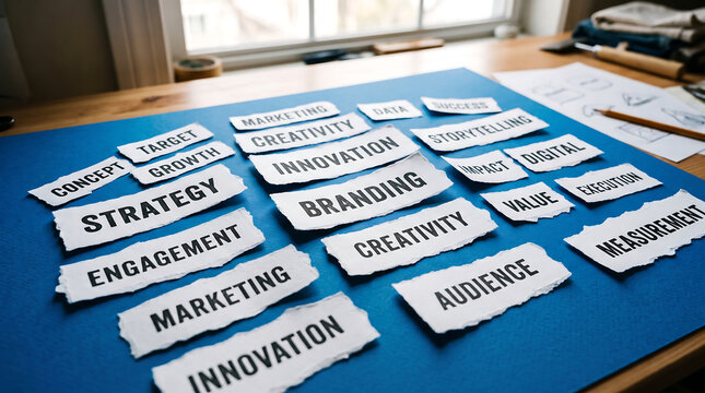 Concept, Strategy, Innovation, Branding, Marketing, Engagement, Audience, Measurement, and Creativity A Collection of Business Related Words on Paper