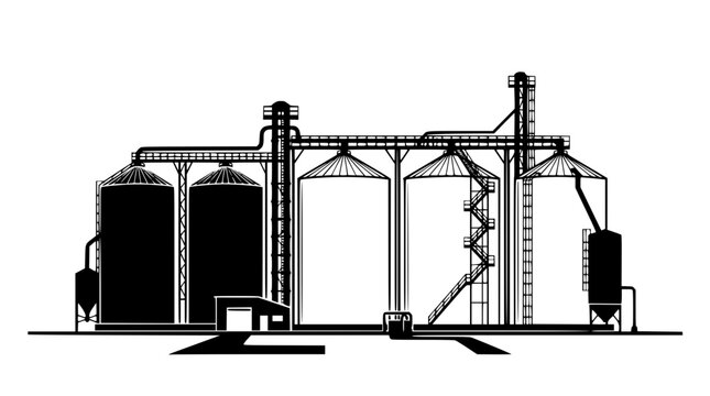 Black Silhouette of Industrial Grain Silos and Elevator